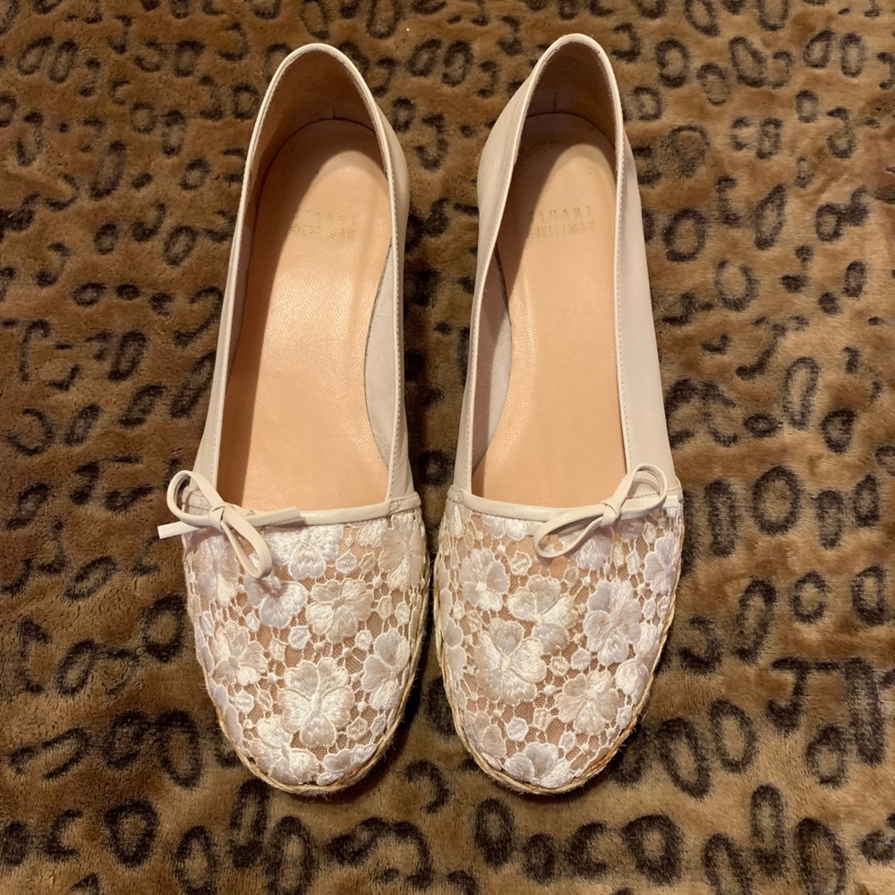 Stuart Weitzan ivory lace espadrilles
